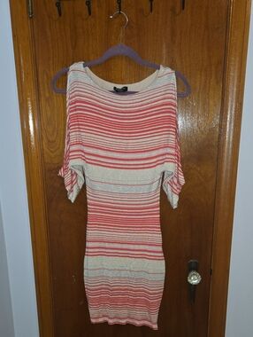 bebe Coral and Cream Striped Knit Mini Dress with Scoop Neck
